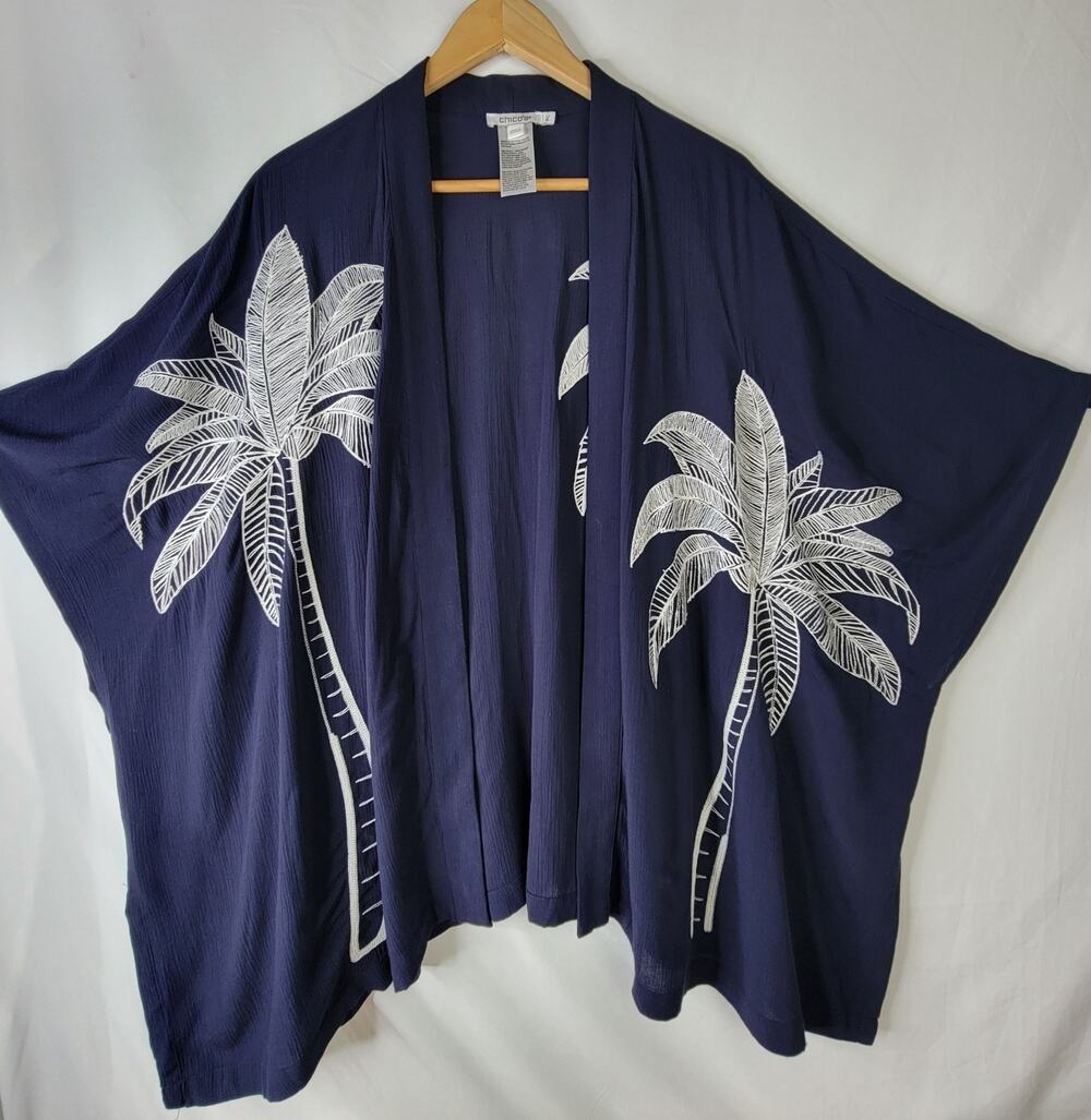 Chico Boho Kimono Sz L XL Embroidery White Palm Trees Blue Gauze Cover Up Resort